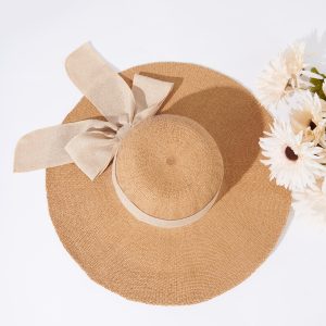 Tan Beige Bow Toyo Braid Sun Hat A8CD.jpg