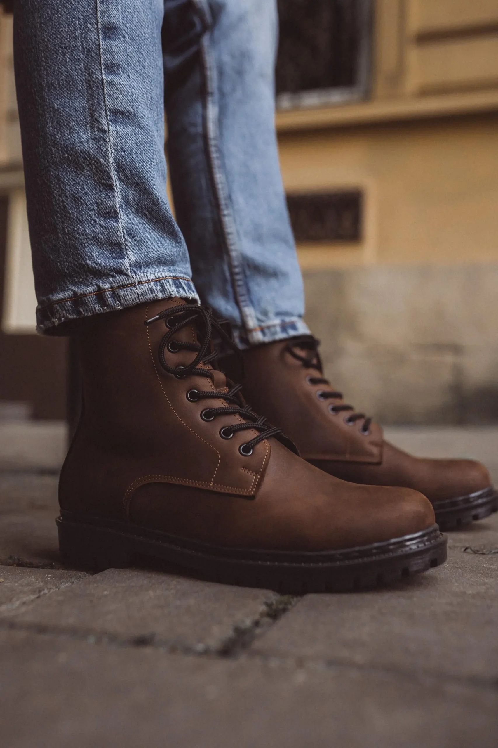 Mens Brown Leather Work Boots Fur Lined Combat